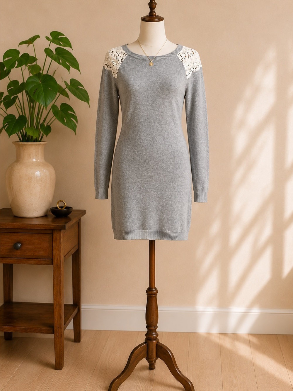 Springfield Gray Knit Sweater Dress Lace Shoulder Detail Long Sleeve Size Small